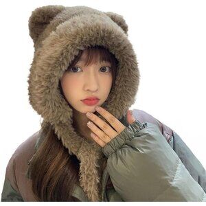 Women Sepia Winter Beanie Hats Knit Ear Flaps Cute Stuffed Bear Ears Fleece